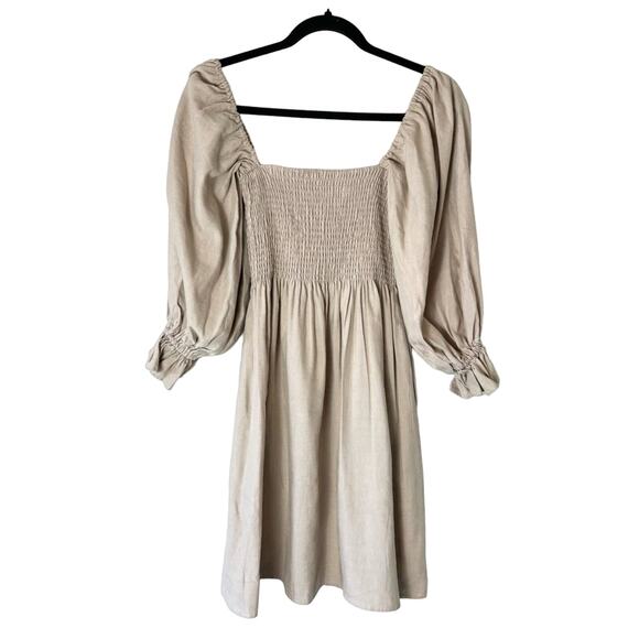 Kourt Tan Smocked Puff Sleeve Mini Dress Size XS - Picture 2 of 7